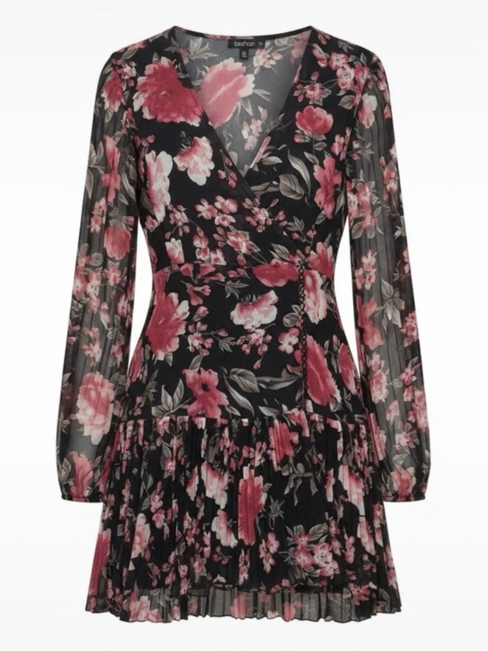 Boohoo Black Floral Wrap Long Sleeve Mini Dress